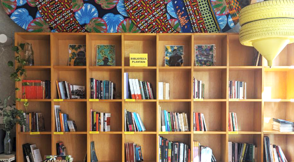 The bookcases of Biblioteca Plantain, a Spanish-language Black library with both local and international authors
